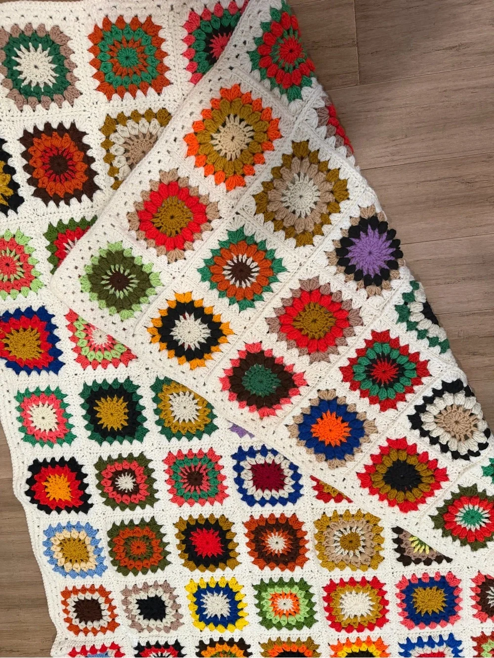 Handmade Multicolor Crochet Granny Square Blanket - White Border